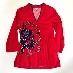 Lilly Pulitzer Ciara Tunic Women Small Red Floral V-Neck 3/4 Sleeve Side Slits